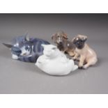 A Royal Copenhagen model of a sleeping cat (057), a Copenhagen model of two cats (unmarked), a pug