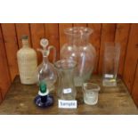 A quantity of mostly clear glass vases, jugs and bowls, including a jug and stopper with etched