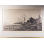 B W Leader: a signed print, "April Day" landscape with sheep and graveyard, in wooden strip frame