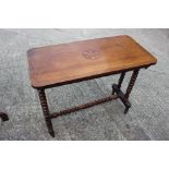A mahogany rectangular side table with box line and marquetry top, on bobbin turned stretchered