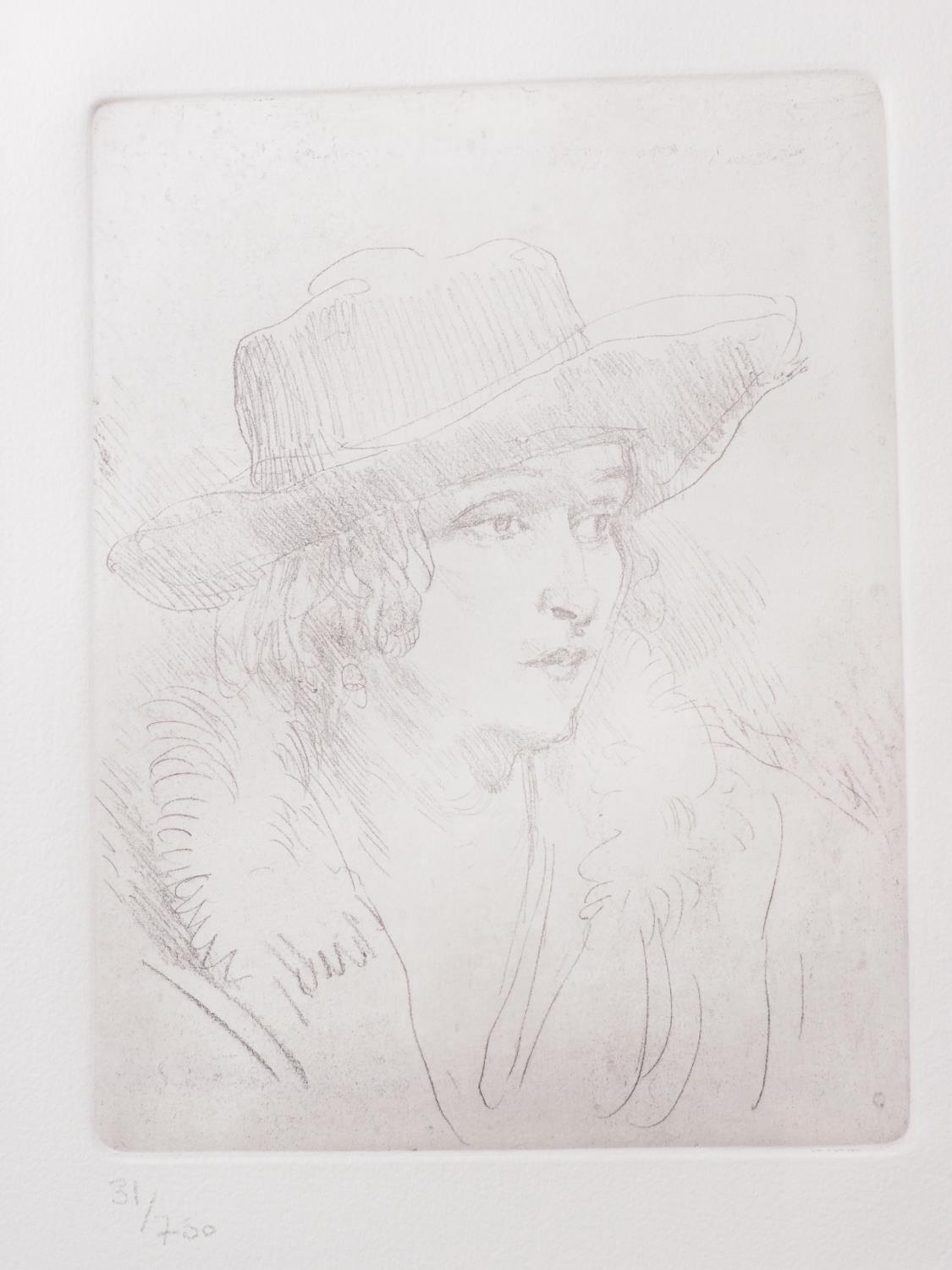 After Augustus John: a limited edition print of an etching, woman wearing hat, 31/750 - Image 2 of 3