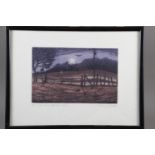 Rosemary Pettet: a limited edition etching, "Full moon from gate", 10/35, in strip frame, and two