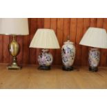 Three contemporary Japanese Satsuma style table lamps and a brass bulbous shaped table lamp, on