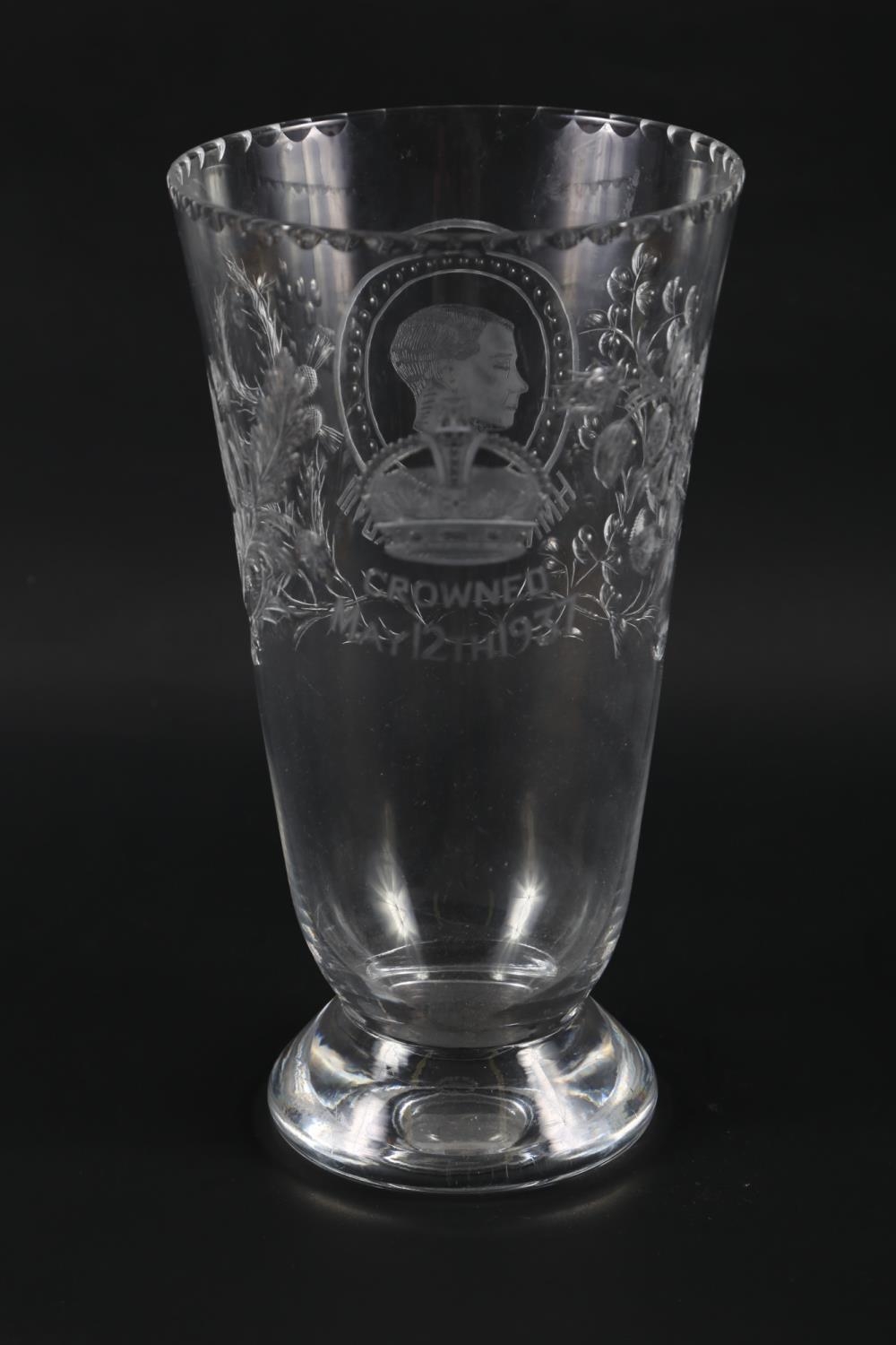A Webb Edward VIII 1937 Coronation tapered glass vase with hand engraved decoration, 10 1/2" high - Image 4 of 6