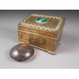 A brass stationery box with engraved and chain decoration, set malachite, 7 1/2" wide, and a