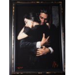 Fabian Perez: a hand-embellished giclee canvas, "The Embrace II", 30" x 20", in painted frame