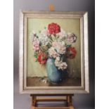 Bertram Leigh: oil on canvas laid board, still life of flowers in a vase, 19 1/2" x 15 1/2", in