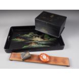 A Japanese rectangular lacquered galleried edge tray, 18" wide, a similar hinged box, a hardwood