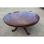 A well-reproduced mahogany circular dining table, on triform carved scroll base, 54" dia x 30" high