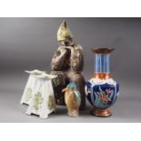 Da Johnson?: a pottery model of a kneeling Harlequin, 17 1/2" high, a pair of studio pottery stands,