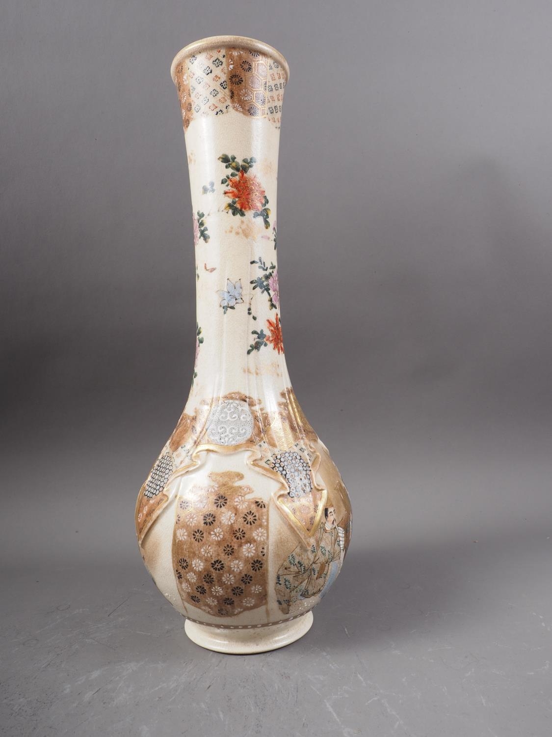 A Japanese satsuma bulbous flared rim vase with figure and flower decoration, 16" high, a similar - Image 5 of 13