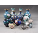 A pair of cloisonne vases with floral decoration on a blue ground, 7 1/4" high, and various other