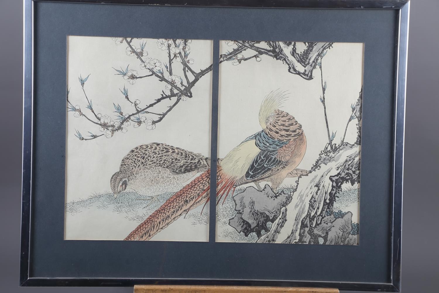 A pair of Japanese woodblock prints, two pheasants, in common frame
