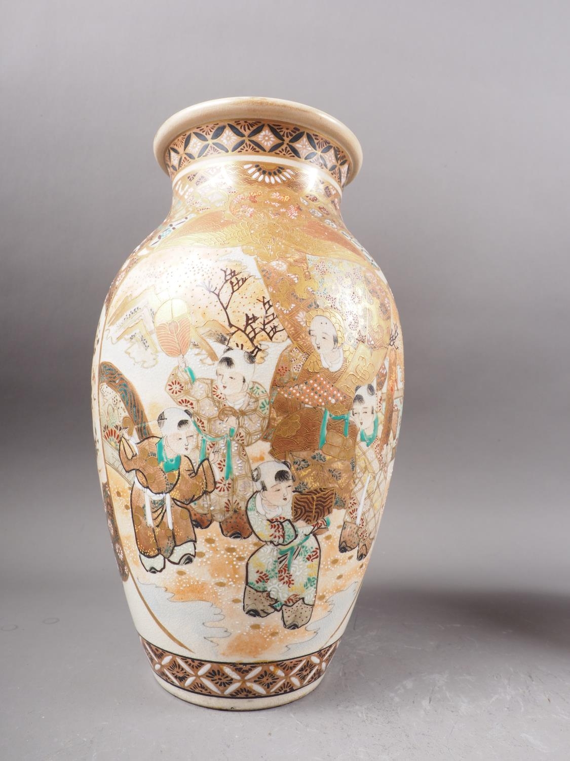 A Japanese satsuma bulbous flared rim vase with figure and flower decoration, 16" high, a similar - Image 2 of 13