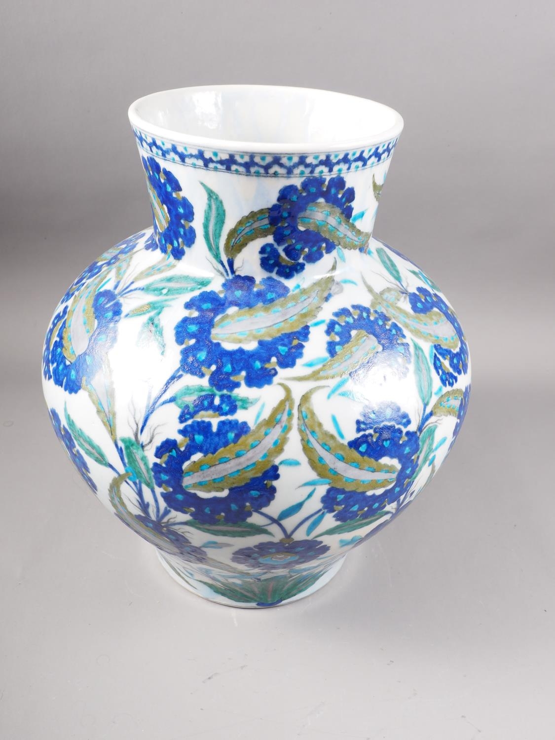 An Isnik bulbous vase of traditional floral design in shades of blue, 15" high - Image 2 of 4