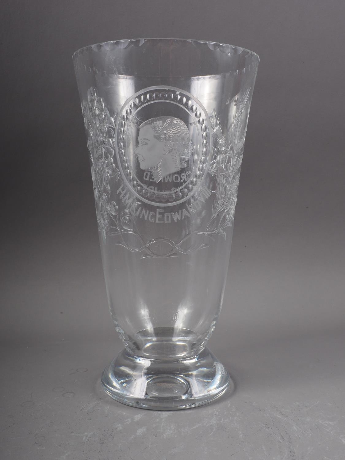 A Webb Edward VIII 1937 Coronation tapered glass vase with hand engraved decoration, 10 1/2" high - Image 2 of 6