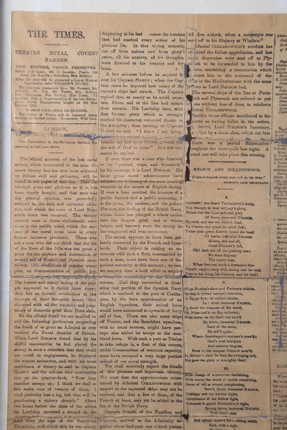 A facsimile copy of The Times for November 7th 1805 recording the battle of Trafalgar, in double