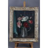 William Hunter: oil on board, still life of roses in a pewter tankard, 17 3/4" x 13 3/4", in