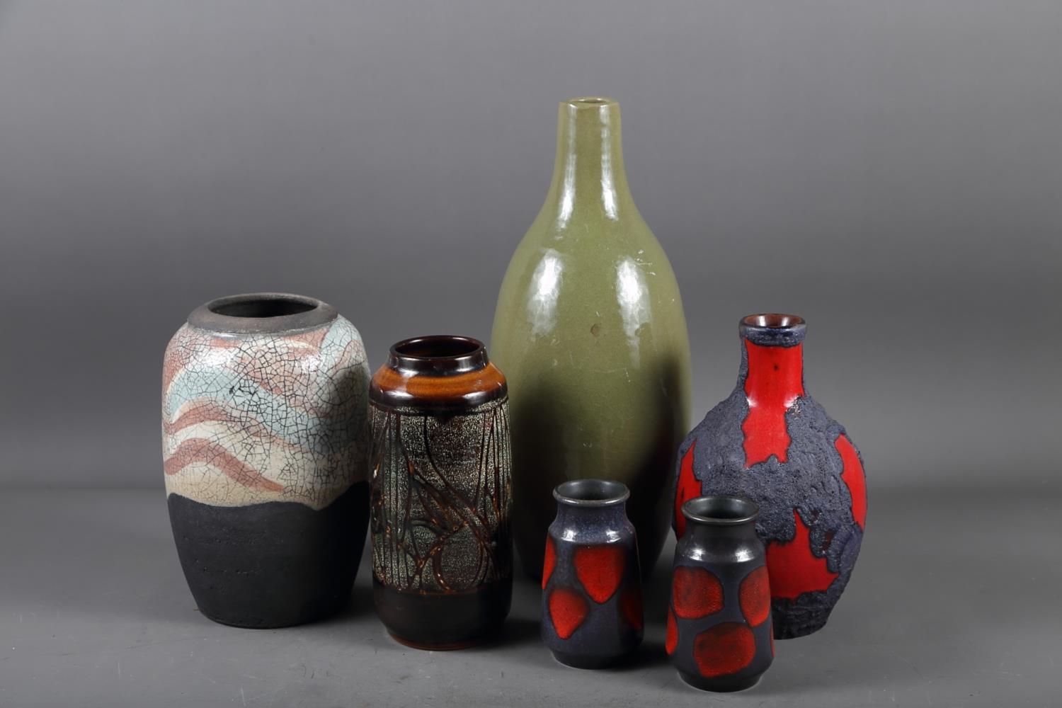 A Ruth Bader Gilbert raku vase, 8 3/4" high, a pair of West German vases and three other vases