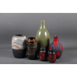 A Ruth Bader Gilbert raku vase, 8 3/4" high, a pair of West German vases and three other vases