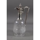 A late Victorian silver plate mounted claret jug with engraved reedmace and swan decoration, 11"