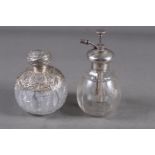 A late 19th century silver topped and cut glass scent bomb, 4 1/4" high, and an early 20th century