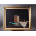 Mantanay?: oil on canvas, still life with bible, sheet music and quill, 19 1/2" x 23 1/2", in gilt