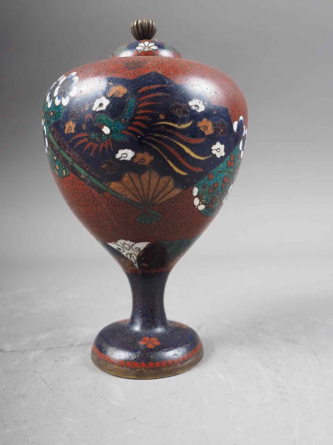 A Japanese cloisonne pedestal jar and cover with panels of bird and flower decoration, 5" high, four - Image 4 of 4