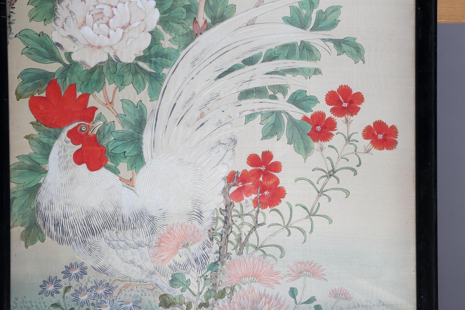 A Chinese watercolour, birds, flowers and cockerel, 52" x 17", in ebonised strip frame - Image 3 of 3