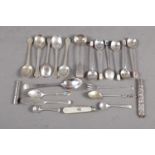 A set of six silver coffee spoons, five silver dog's nose coffee spoons, a mustard spoon and other