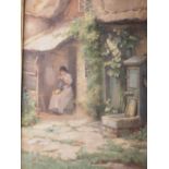 Nora Hartley: oil on canvas, girl sewing outside a cottage, 14 3/4" x 10", in gilt frame