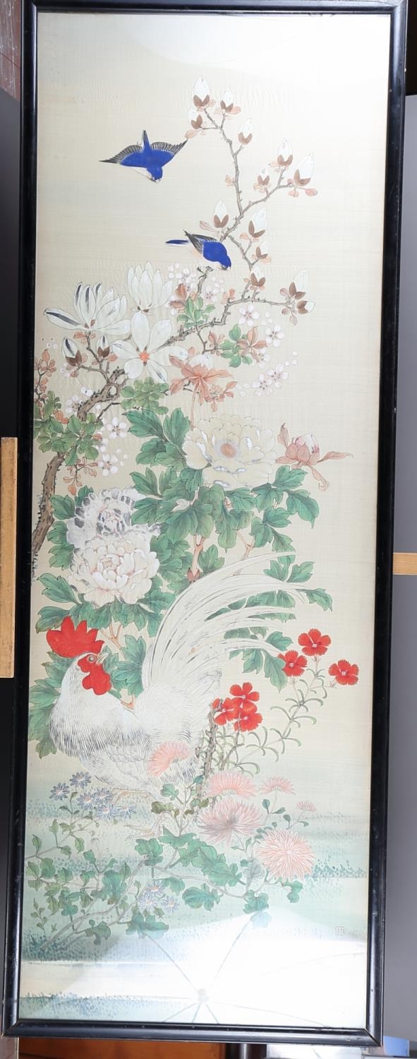 A Chinese watercolour, birds, flowers and cockerel, 52" x 17", in ebonised strip frame