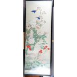 A Chinese watercolour, birds, flowers and cockerel, 52" x 17", in ebonised strip frame