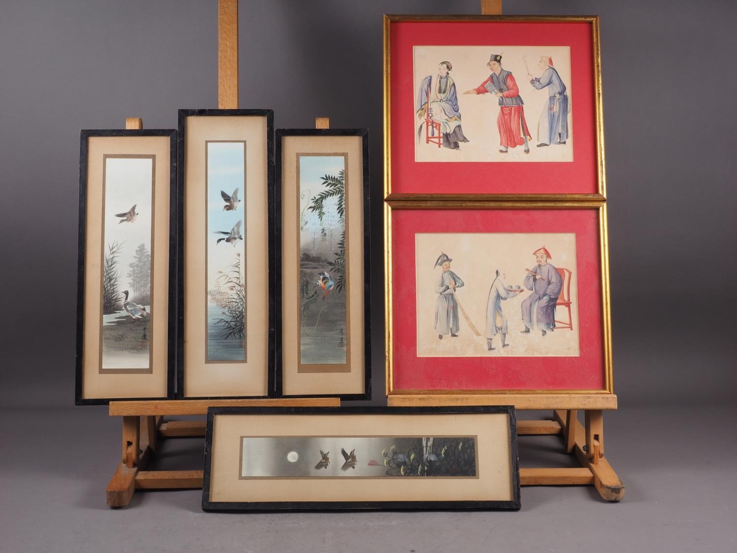 *A pair of Chinese watercolours, mandarin and wife with attendants, 6 3/4" x 9", in gilt frames, and