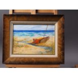 Susi Adams: oil on board, sailing boat on a beach, 6 3/4" x 9 1/2", in burr walnut frame