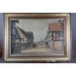 J Jones: oil on canvas, town scene with figures, 19 1/2" x 29 1/2", in deep gilt frame