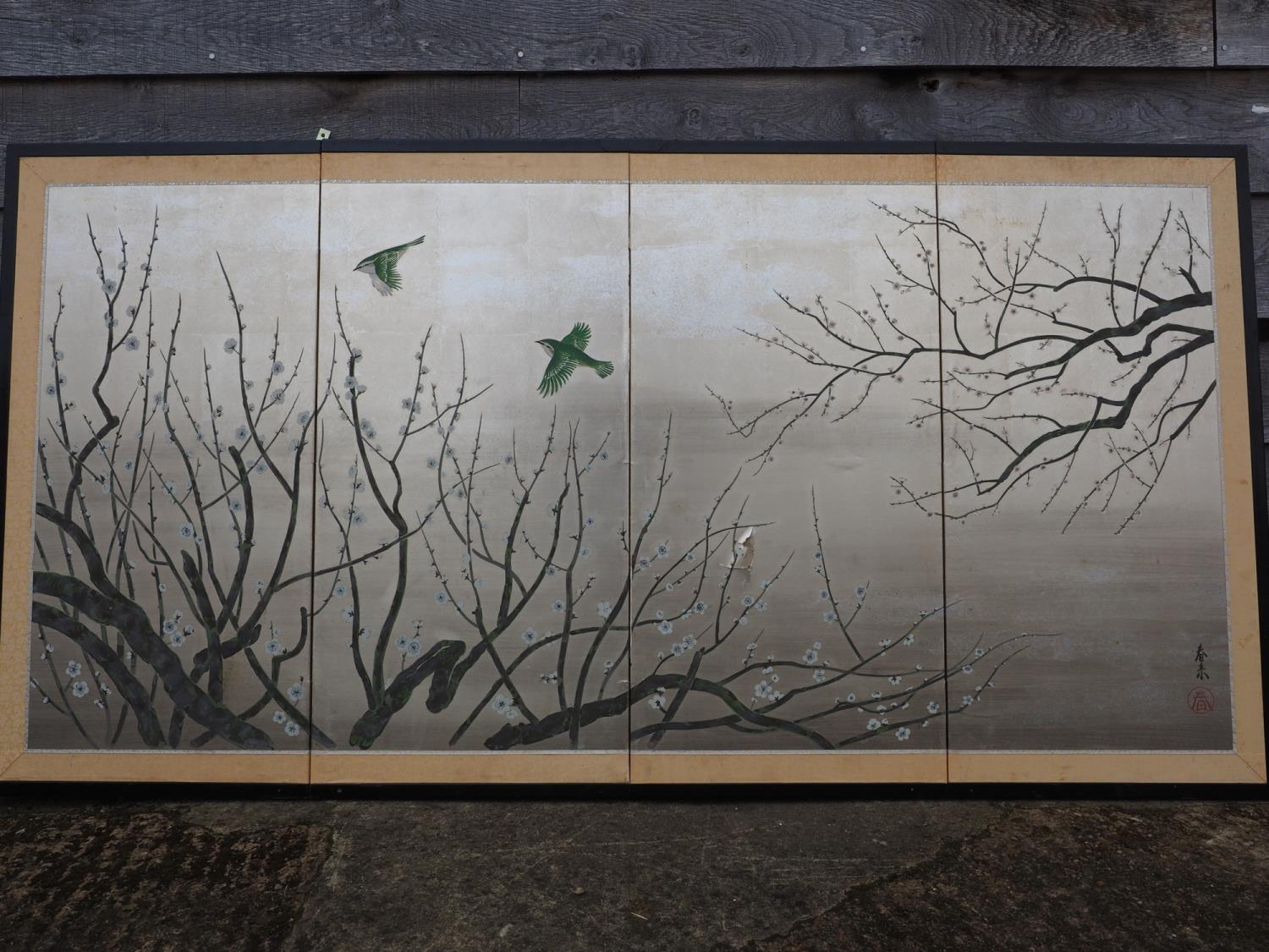 A Japanese four-panelled screen with prunus and bird designs (now converted to a wall hanging), 35