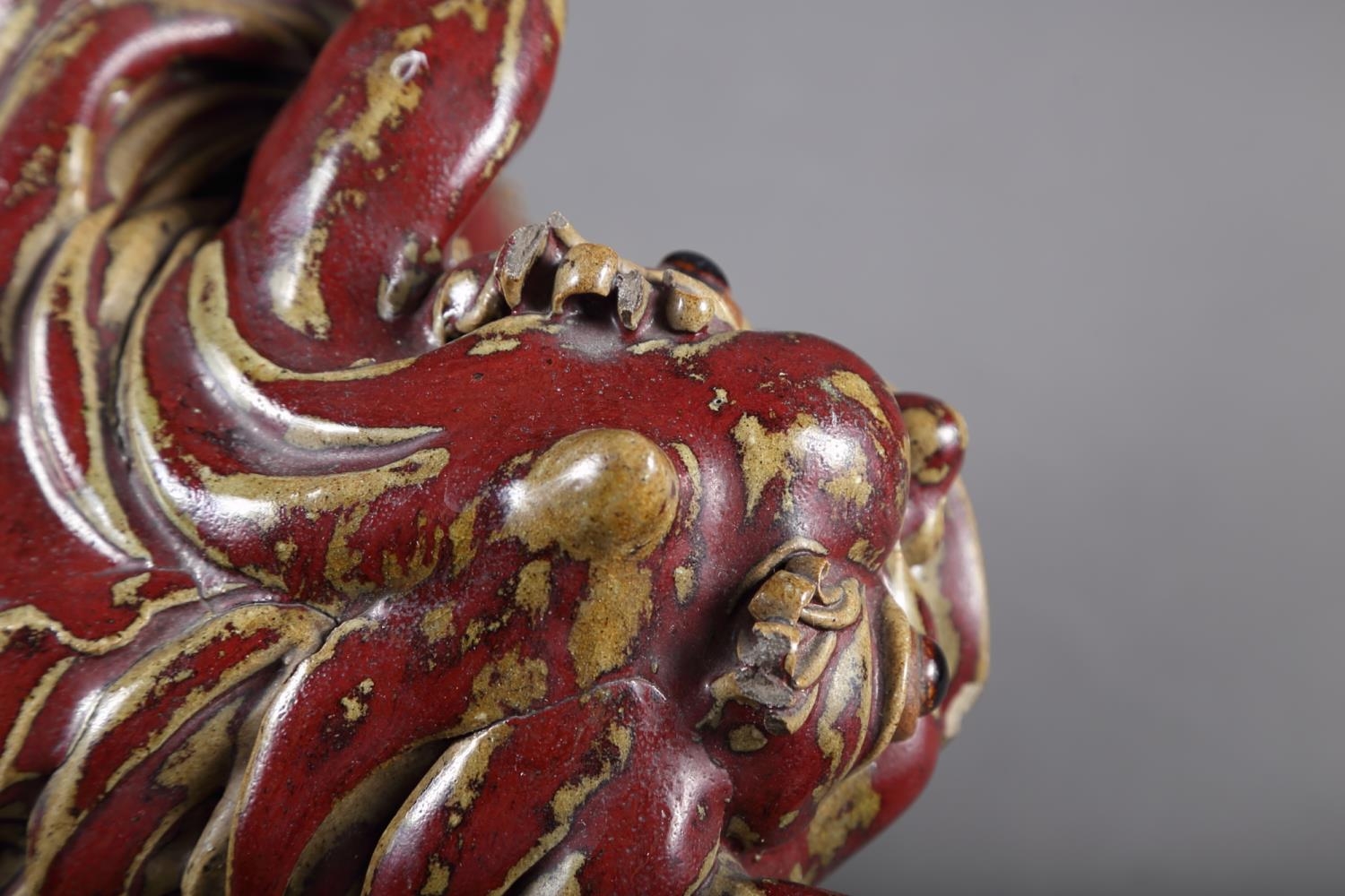 A Chinese red and brown glazed porcelain model of a Dog of Fo, on hardwood stand, 16" high - Image 4 of 17