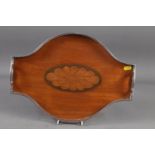 A satinwood and inlaid shaped serving tray with pierced silver gallery, 16" wide