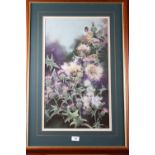 Janet M Pell: pastel, "Thistledown" goldfinch, 23" x 13", in wooden strip frame