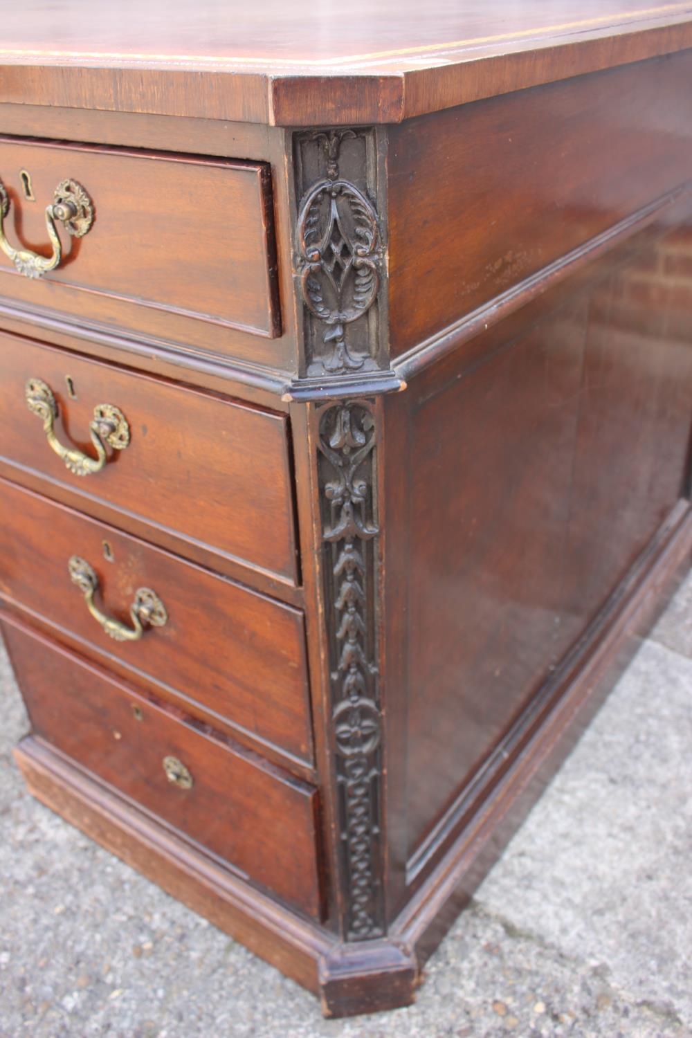 A partners early 20th century mahogany double pedestal desk with tooled lined leather top, inverse - Image 12 of 16