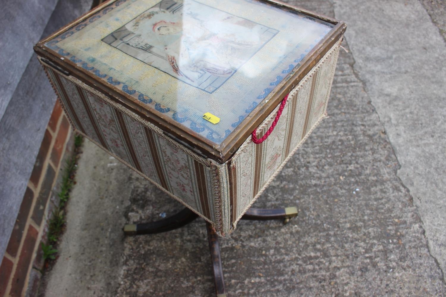 A 19th century work table/box with petit point panel top, on turned painted column and quadruple - Image 3 of 3