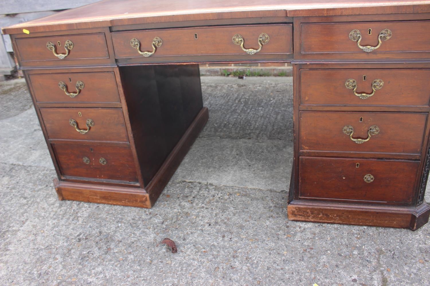 A partners early 20th century mahogany double pedestal desk with tooled lined leather top, inverse - Image 13 of 16