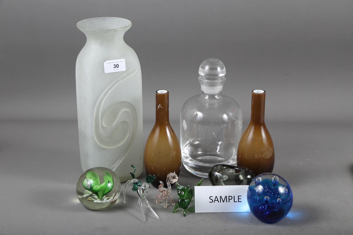 A quantity of Murano glass model animals, a Dartington decanter and stopper, an opaque rectangular