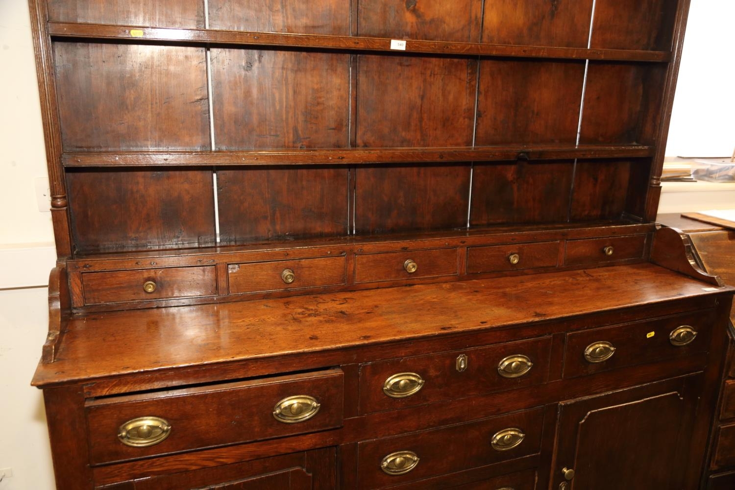 A 19th century oak dresser, the back fitted shelves over five small drawers with three further - Image 2 of 5