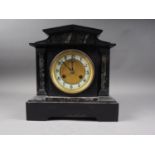 A slate and marble mantel clock with white enamelled dial and Arabic numerals, on plinth base, 12"