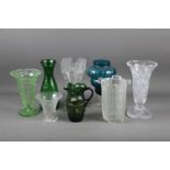 A uranium glass vase, an Art Deco frosted glass celery vase and other glass vases