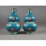 A pair of Chinese cloisonne double gourd vases with floral, scrolled and Greek key designs, 11 1/