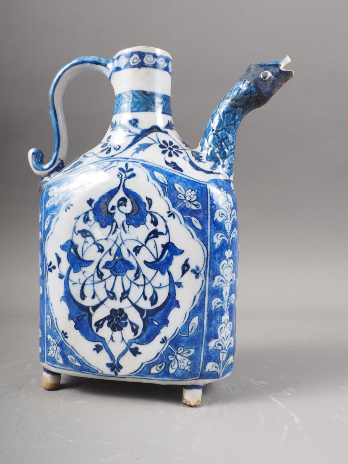 An Iznik blue and white decorated jug with animal head spout, 9 1/2" high - Image 2 of 4