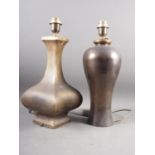 A bronzed square bulbous table lamp, 19" high overall, and another similar baluster table lamp,